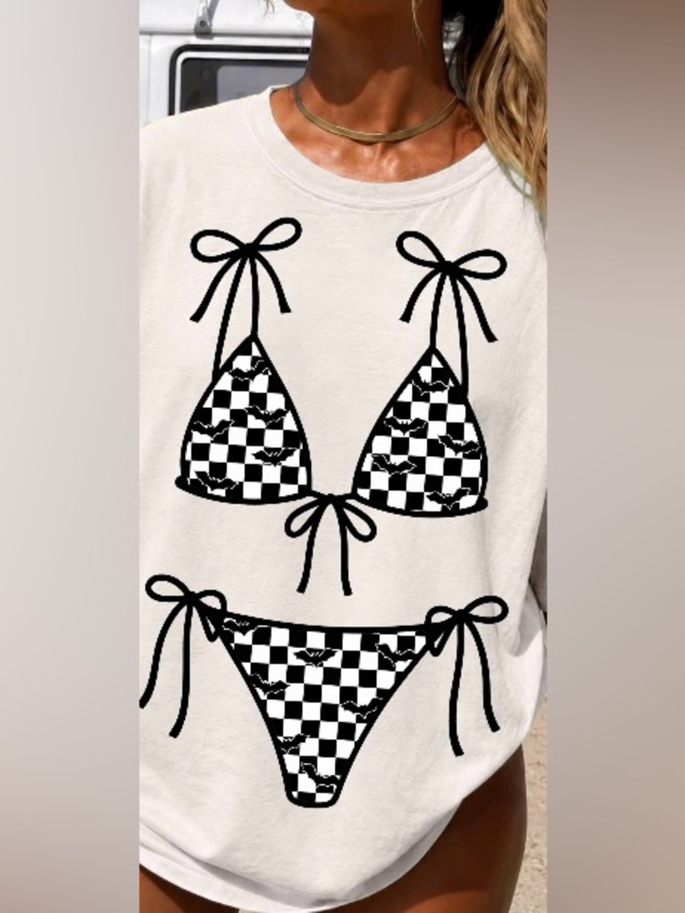 Checkered Board Print Bat Bikini Graphic Tee